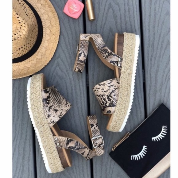 Shoes - Beige Snakeskin Platform Espadrille Wedge Sandal
